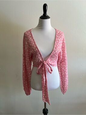 Anthropologie Pink White Polka-Print Tie-Front Crop Top